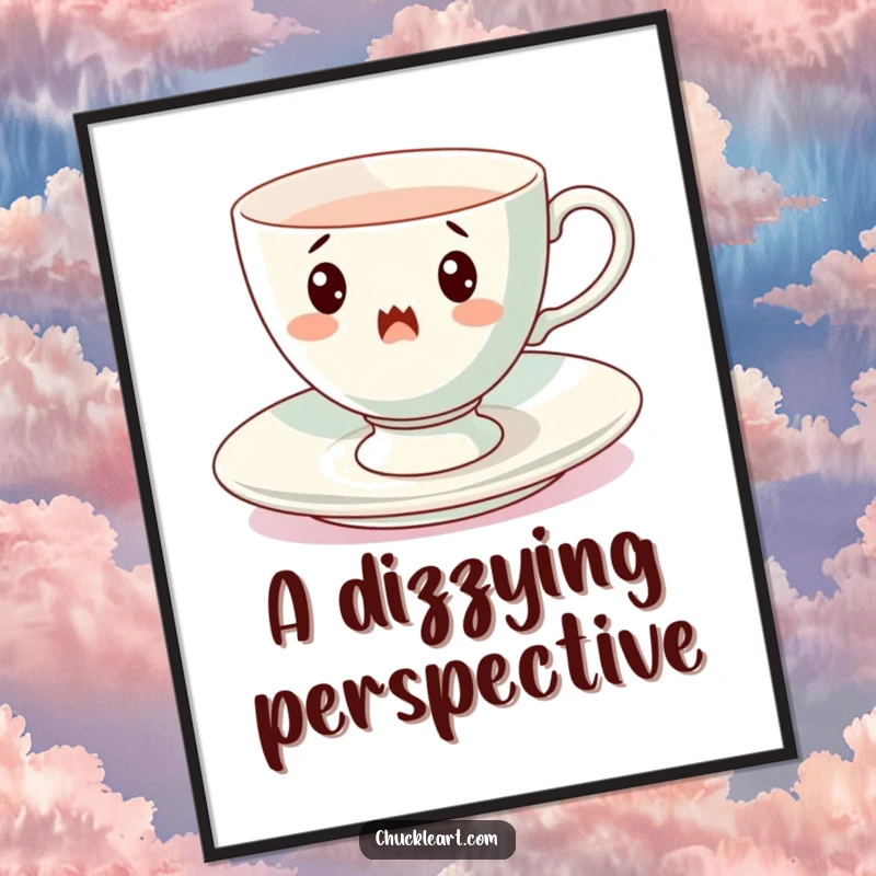 Funny spinning teacup poster, a surprised porcelain cup in mid-spin on its saucer, creating whimsical and eye-catching wall art.