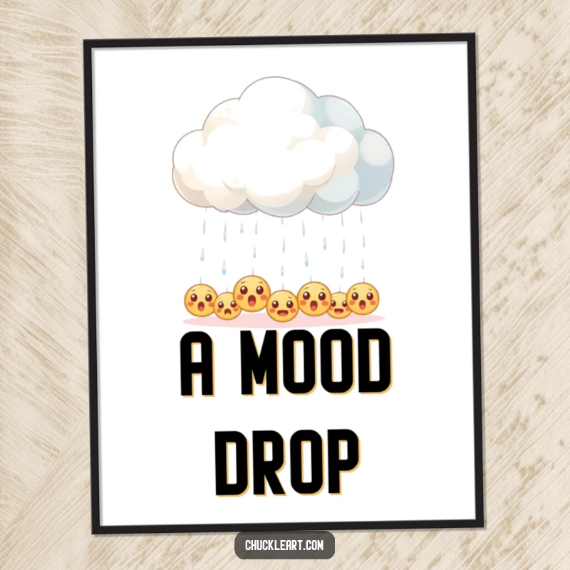 Funny poster showcasing a fluffy cloud that is raining down numerous tiny, surprised emoji faces.