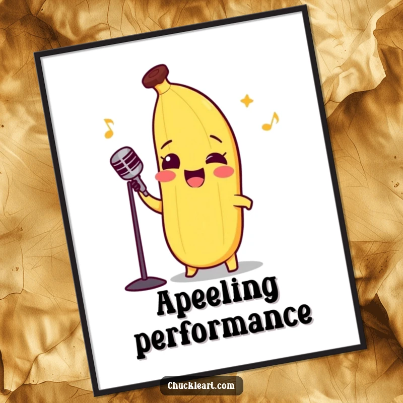 Funny poster of a happy, smiling banana wearing a bow tie, dramatically singing opera.