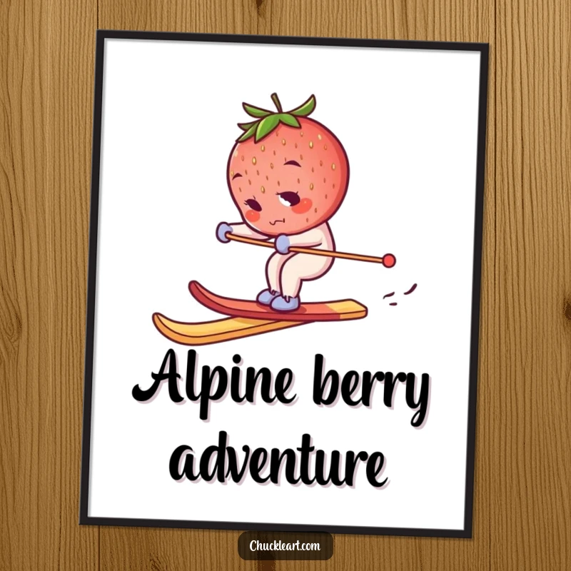Funny skiing strawberry poster, a determined berry balancing on a breadstick ski, creating humorous and eye-catching wall art.