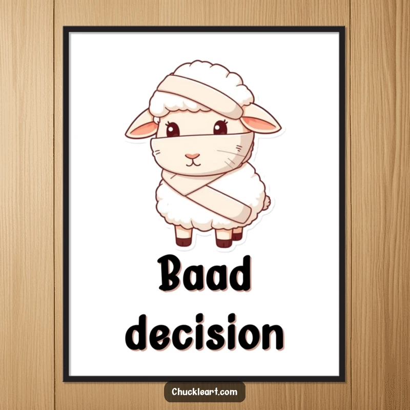 Funny poster of a sheep wearing a giant bandage and looking sheepish, perfect for humorous wall decor.