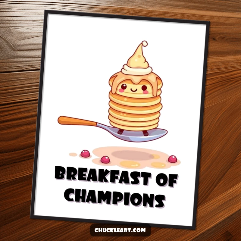 Funny poster print of a wobbly pancake stack in tiny hats, hilariously running away from a giant fork, food art.