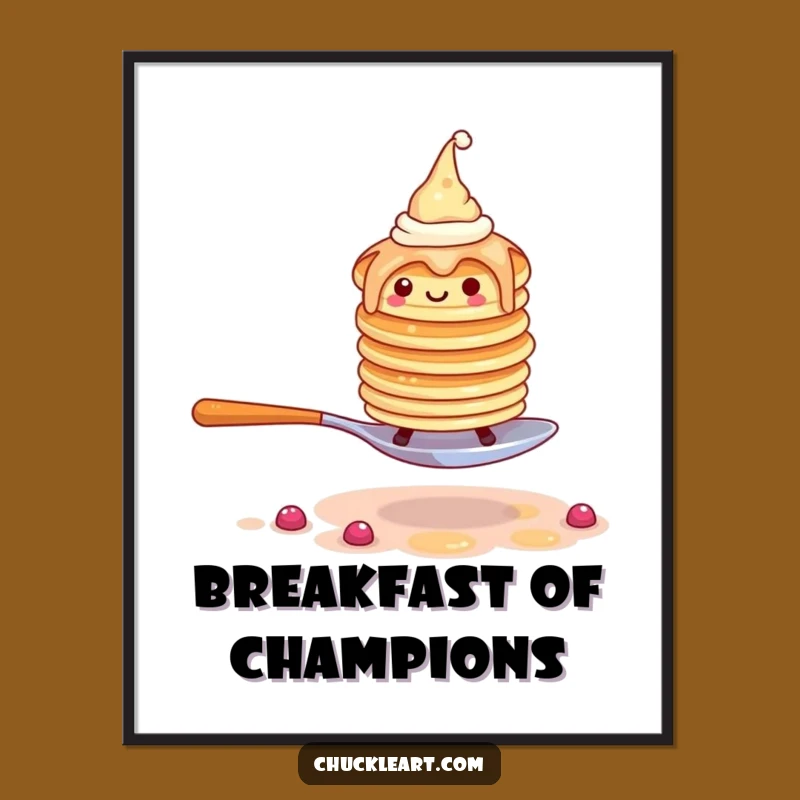 Funny Pancake Escape Poster: Wobbly Stack with Hats Flees Fork - Humorous Wall Art!