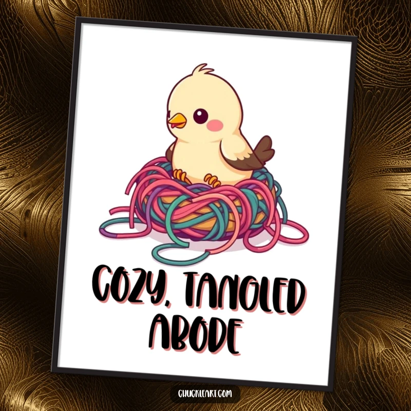 Funny bird poster showing a bird attempting to build a nest with colorful, tangled yarn, ideal for whimsical and humorous wall decor.
