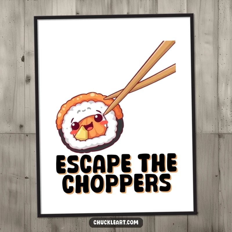 Funny poster print of sushi attempting to escape a pair of chopsticks, capturing a humorous food moment.