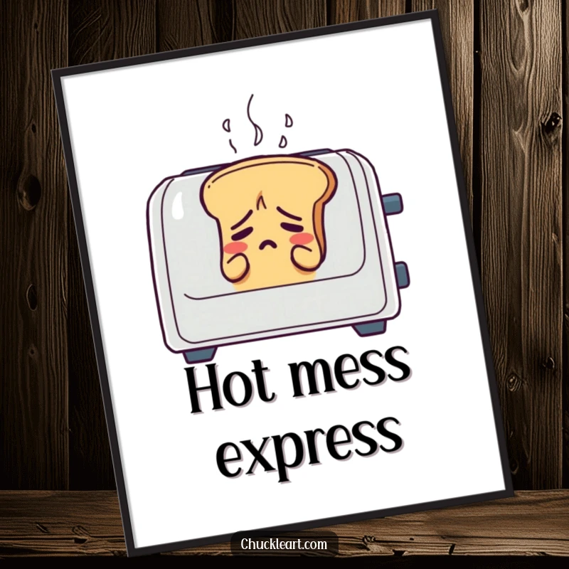 Funny loaf of bread sweating in a toaster, a humorous wall art poster for those who feel the heat.