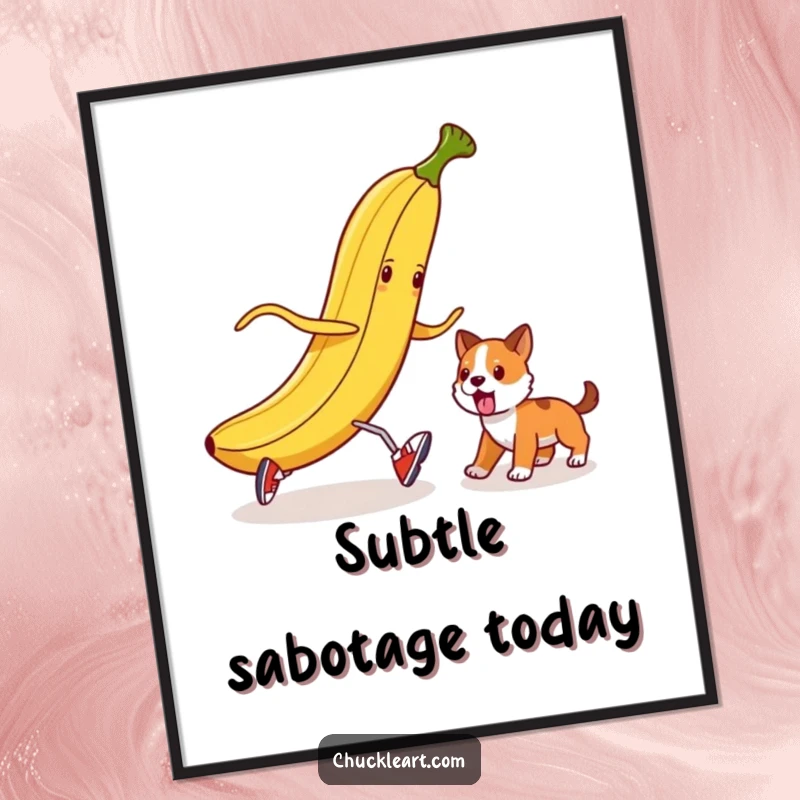 Funny banana peel in tiny shoes attempting to trip a dog, as a humorous wall art poster.