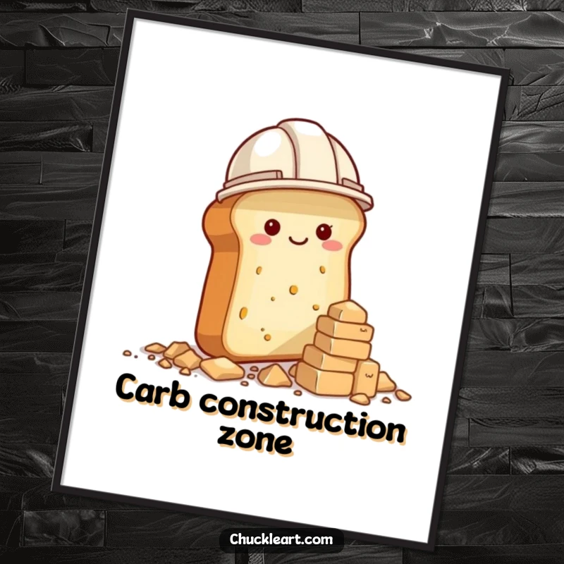 Funny poster showing a bread loaf in a construction hat building a crumb tower, humorous wall decor.