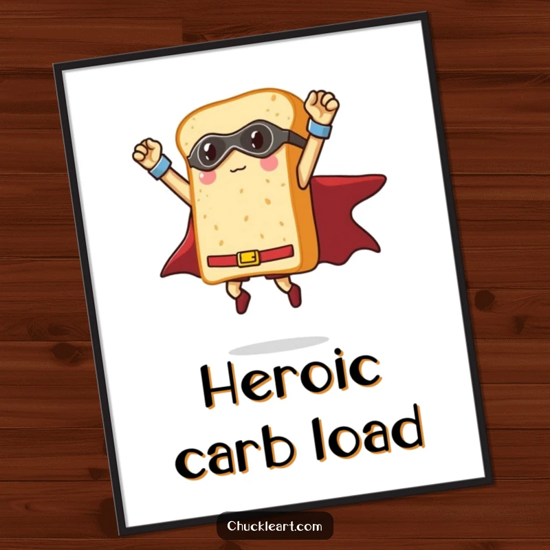 Funny loaf of bread as a superhero striking a triumphant pose mid-air, humorous wall art for kitchens and food enthusiasts.