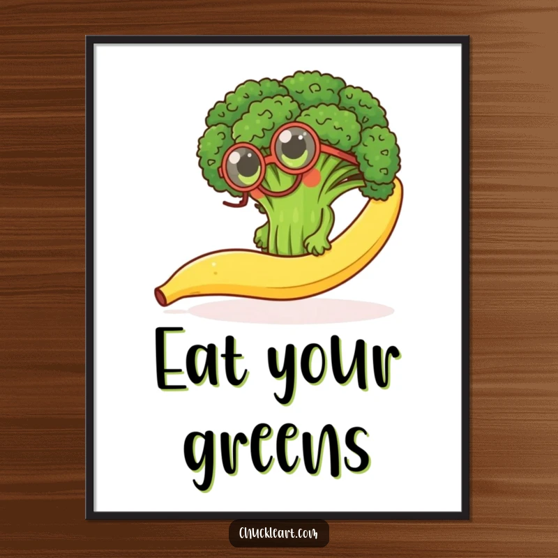 Funny poster print of a broccoli floret with a monocle, determinedly climbing a slippery banana peel, whimsical vegetable art.