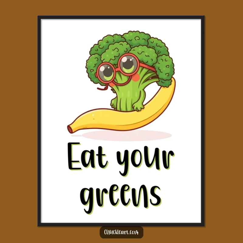 Funny Broccoli Monocle Poster: Determined Floret Climbs Banana - Humorous Wall Art!