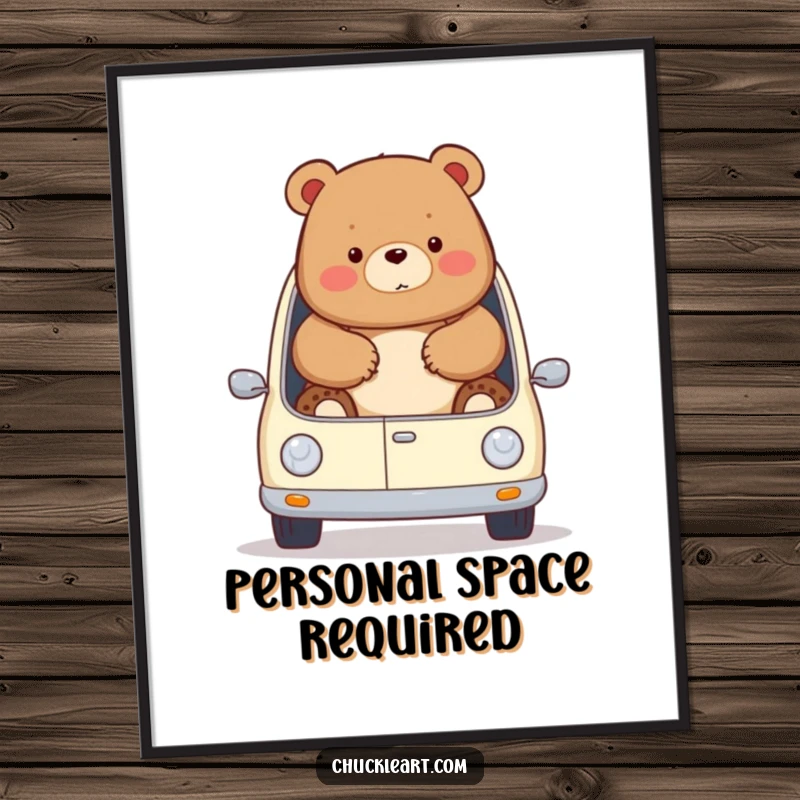 Funny chubby bear comically attempts to fit in a miniature car, spilling out, on a vibrant poster, perfect as a funny gift.
