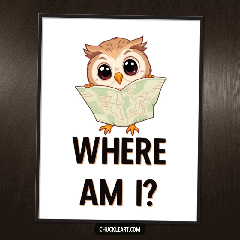 Funny poster showcasing a clumsy owl with wide eyes, attempting to read a map upside down with comical confusion.