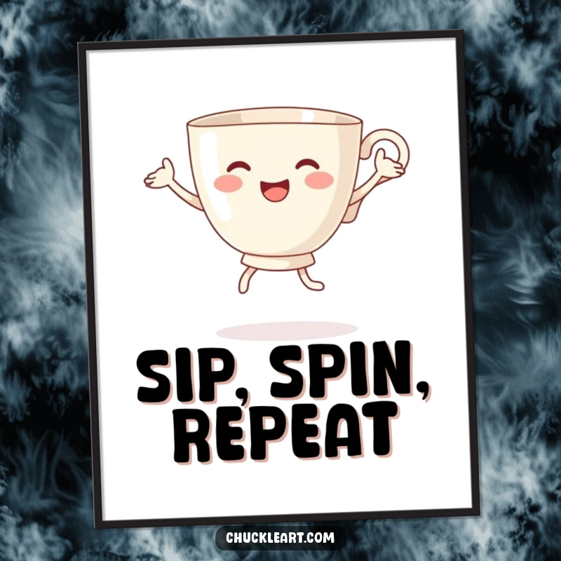 Funny poster art of a teacup with arms and legs joyfully doing a silly dance, exuding happiness and movement vibrantly.