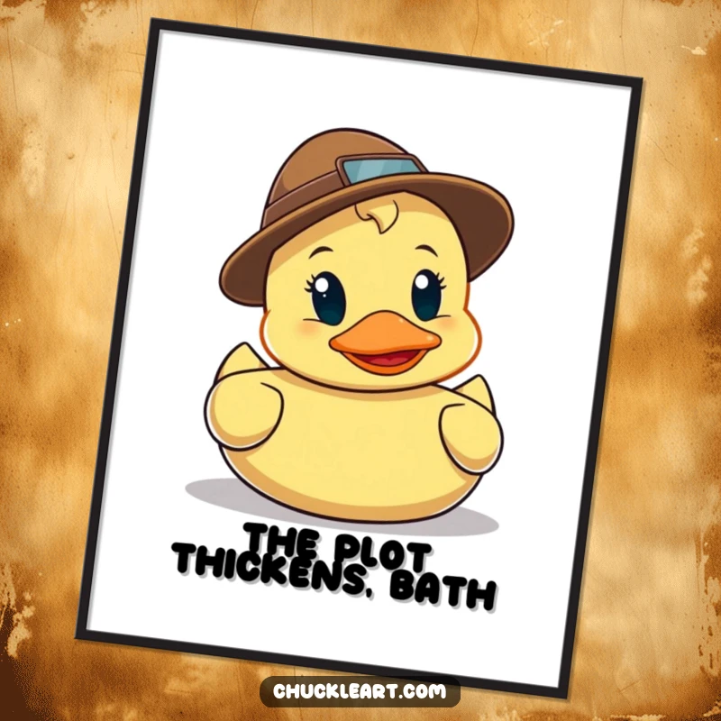 Funny poster art depicting a rubber duck detective wearing a tiny hat, diligently searching for clues with a magnifying glass, looking mysterious.