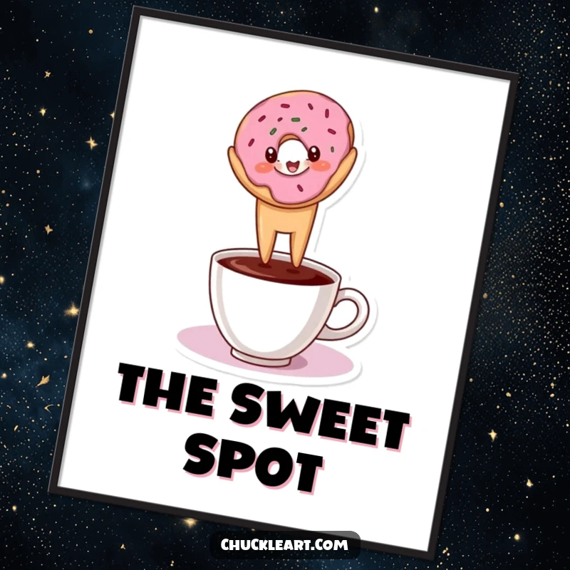 Funny poster print of a donut performing a headstand on a coffee cup, celebrating quirky balance.