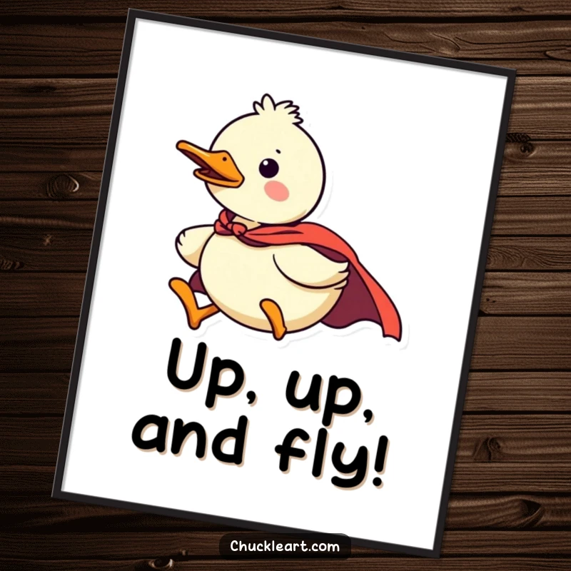 Funny duck superhero poster, heroic art, confidently flying with a cape, perfect for wall decor, a funny gift.