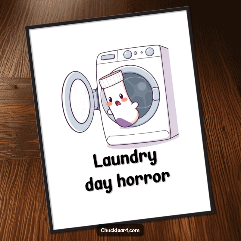 Funny poster illustrating a startled sock with a hole attempting to escape a washing machine, comedic wall decor.