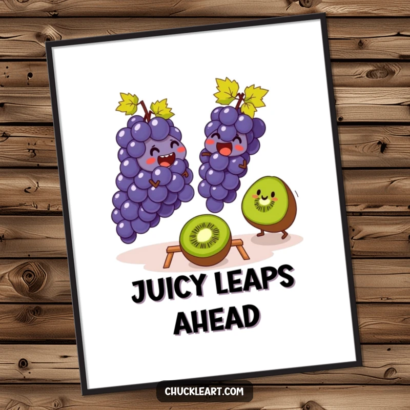 Funny poster artwork of giggling grapes attempting to leapfrog over a kiwi, symbolizing playful and whimsical fruit interactions.