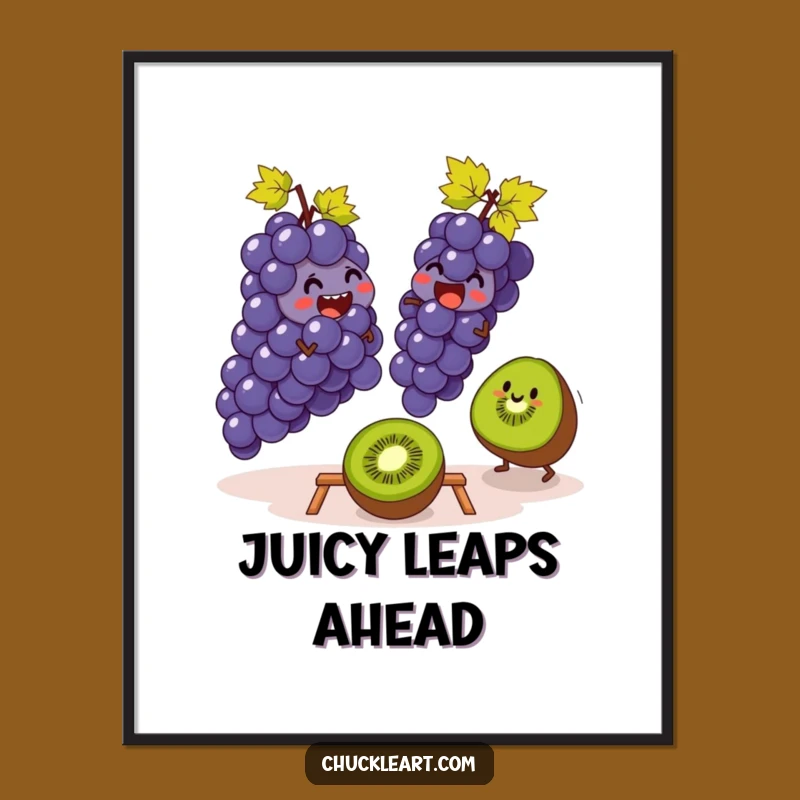 Funny Grapes & Kiwi Leapfrog Poster: Quirky Fruit Art Print