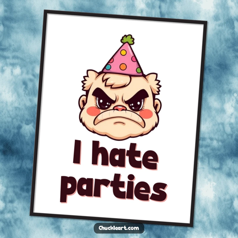 Funny poster of a grumpy face humorously sporting a silly, ill-fitting party hat, ideal for birthday decor.