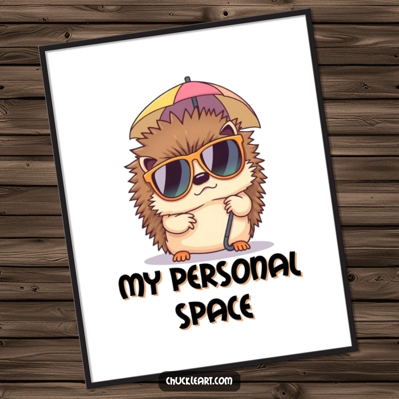 Funny poster art of a grumpy hedgehog with oversized sunglasses attempting to nap under a small umbrella, exuding funny relaxation.