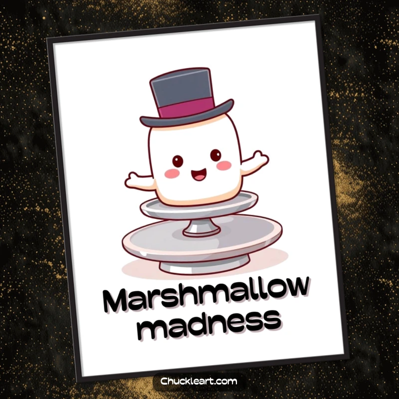 Funny marshmallow wearing a top hat attempts to balance on a spinning plate, whimsical and humorous wall art.
