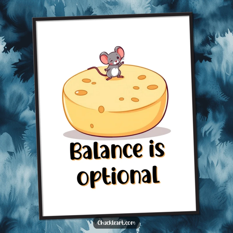 Funny poster artwork of a tiny mouse precariously balancing on a large, wobbly wheel of cheese, celebrating culinary risks.