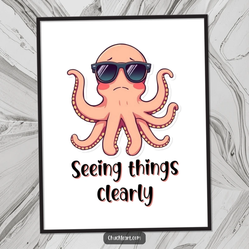 Funny confused octopus trying to wear sunglasses on all tentacles, as a humorous wall art poster.