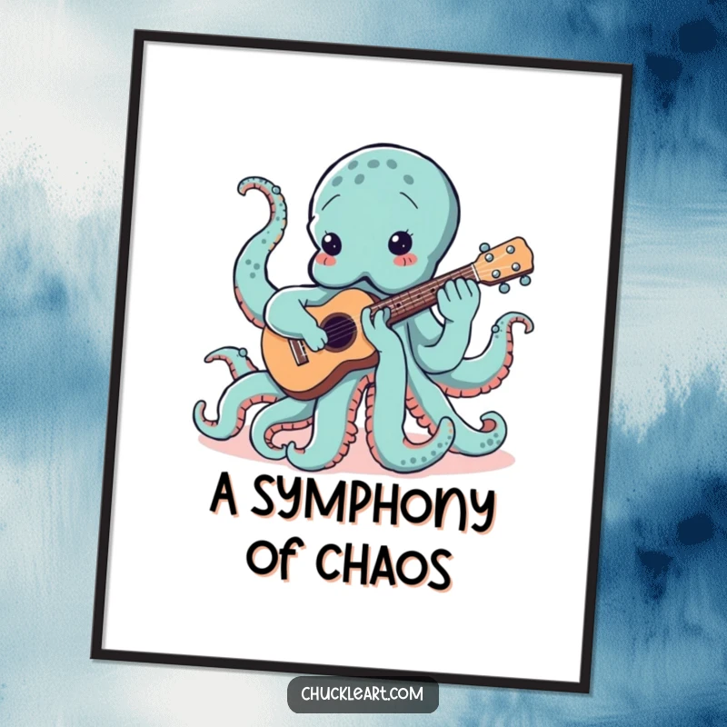Funny poster illustration of a multi-limbed octopus comically attempting to play a ukulele, adding musical humor to decor.