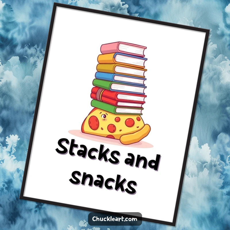 Funny poster art of a pizza slice attempting to balance a massive stack of books on its crust, a humorous take on studiousness.