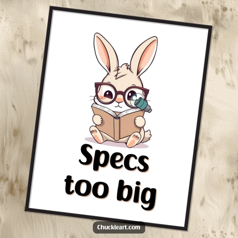 Funny rabbit poster depicting a rabbit wearing oversized spectacles reading a microscopic book, ideal for whimsical and humorous wall decor.