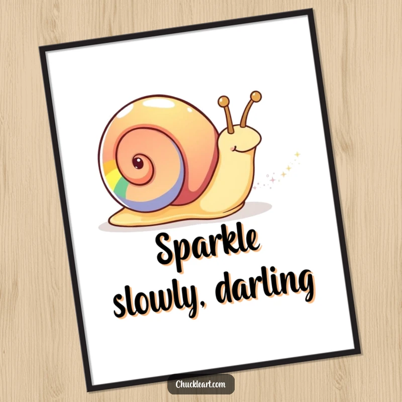 Funny rainbow snail poster showcasing a snail with a vibrant rainbow shell and a magical, sparkly trail, ideal for wall decor.