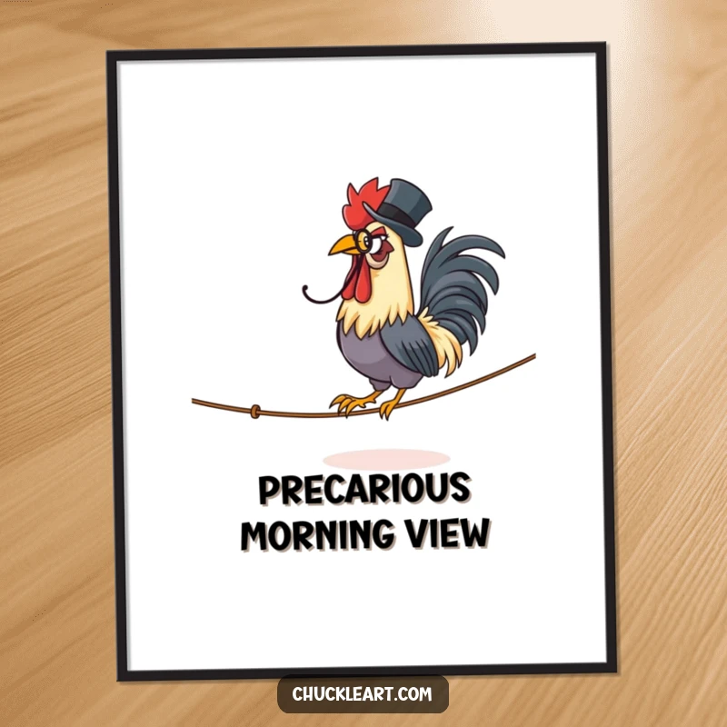 Funny poster capturing a proud rooster in a monocle and top hat, masterfully balancing on a tightrope.
