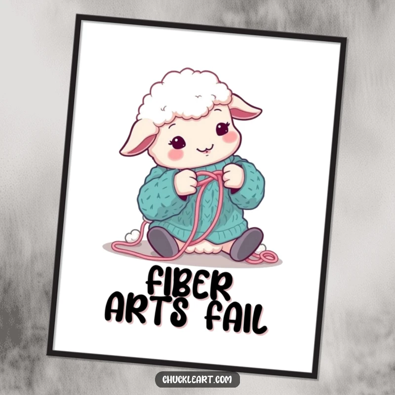 Funny sheep hilariously tangled in wool while attempting to knit, on a vibrant poster, perfect as a funny gift.