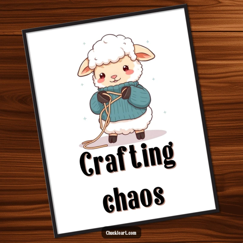 Funny poster of a sheep completely tangled in yarn while attempting to knit a sweater, a humorous piece of wall art for crafters.