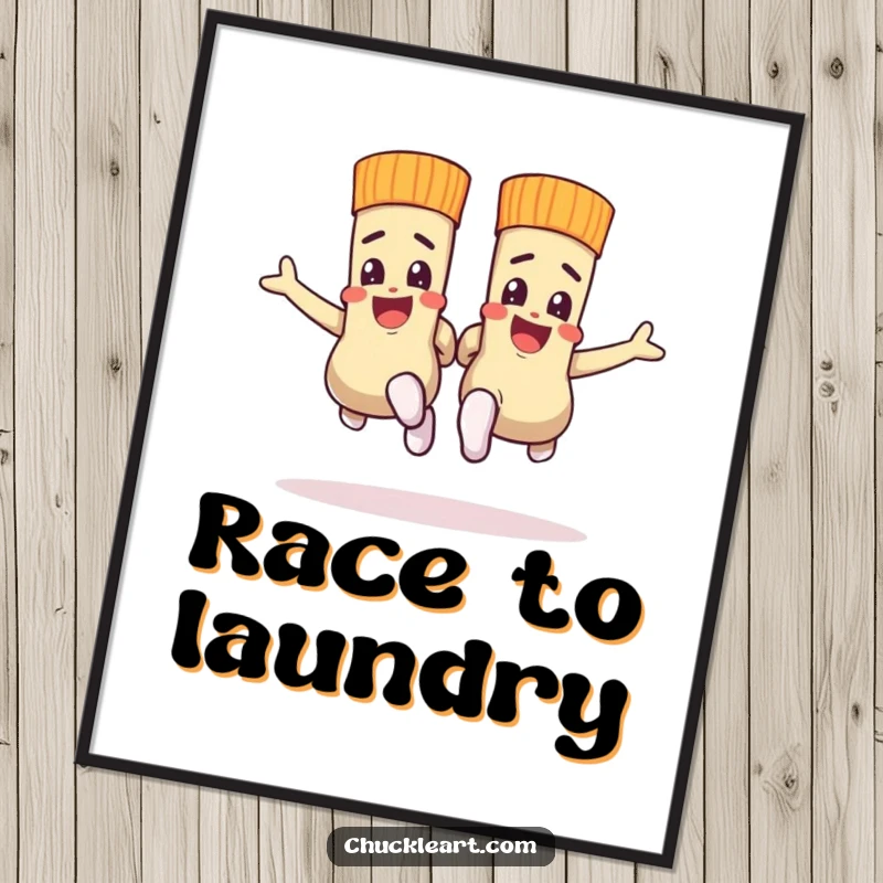 Funny poster of socks in a spirited race, adding energetic and humorous decor to any space.