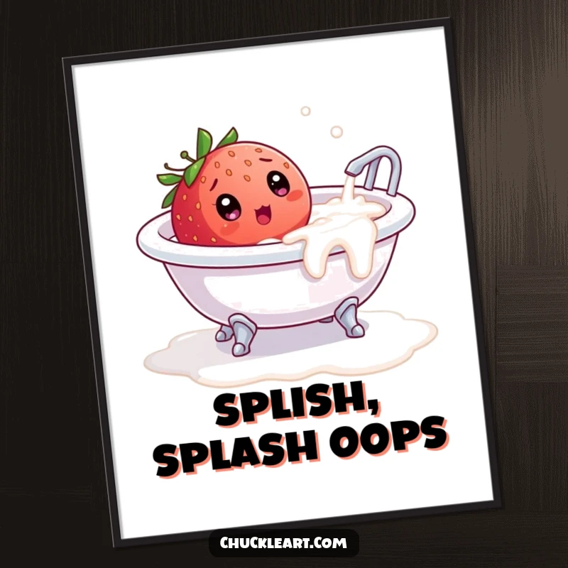 Funny poster of a strawberry surprised in a tiny overflowing milk bathtub, adding a touch of whimsical humor.
