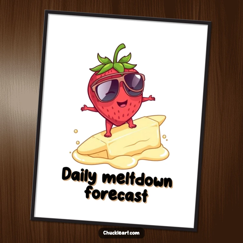 Funny strawberry with sunglasses surfing on melting butter, a whimsical and humorous poster for any room.