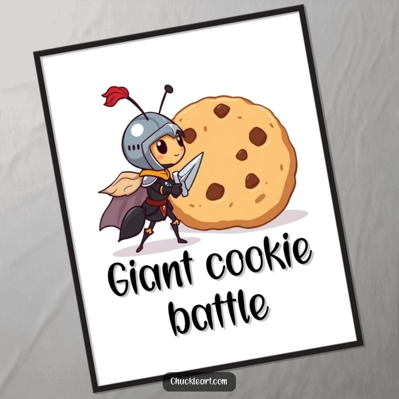 Funny poster displaying a brave tiny ant dressed as a knight, heroically facing a colossal, tempting cookie.