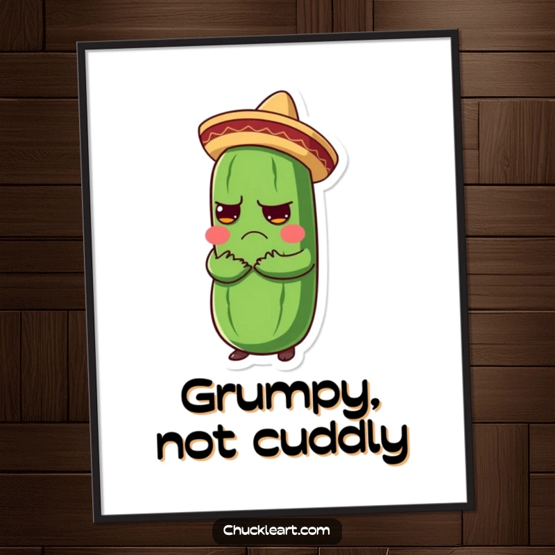 Funny poster displaying a grumpy pickle in a sombrero receiving an enthusiastic hug, a comical and vibrant wall art.