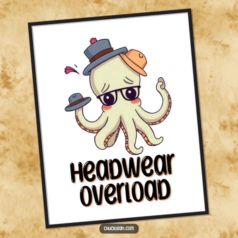 Funny confused octopus hilariously attempts to wear many hats, arms tangled, on a vibrant poster, perfect as a funny gift.