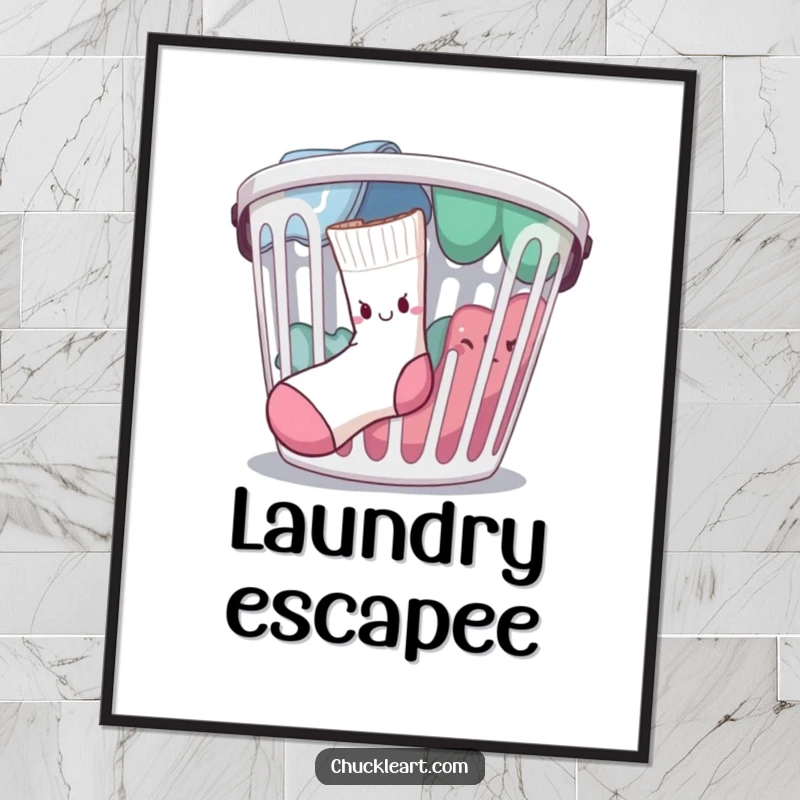 Funny determined sock escaping a laundry basket, on a poster, a humorous piece of wall art for laundry rooms.
