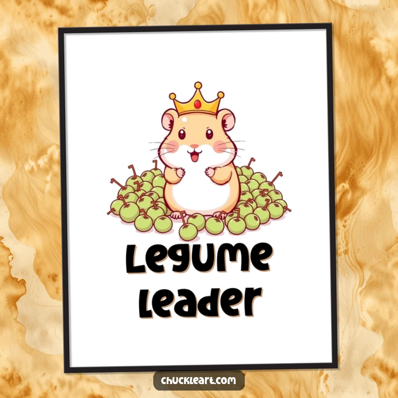 Funny hamster wearing a tiny crown, commanding an army of peas, captured in a humorous pet-themed poster.