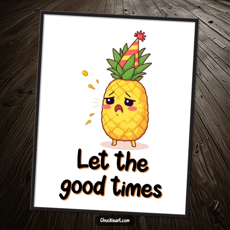 Funny startled pineapple wearing a party hat, spraying juice, a dynamic and humorous poster.