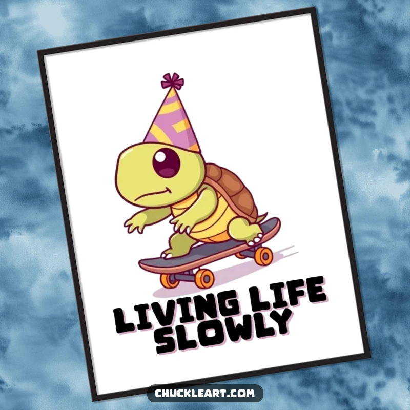 Funny poster of a turtle wearing a party hat, trying to skateboard quickly, a vibrant and humorous piece of wall art.