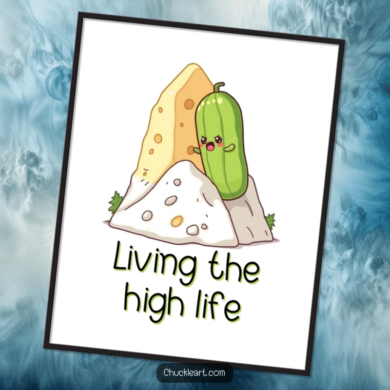Funny determined pickle climbing a massive cheese mountain, displayed as an inspiring and funny poster.