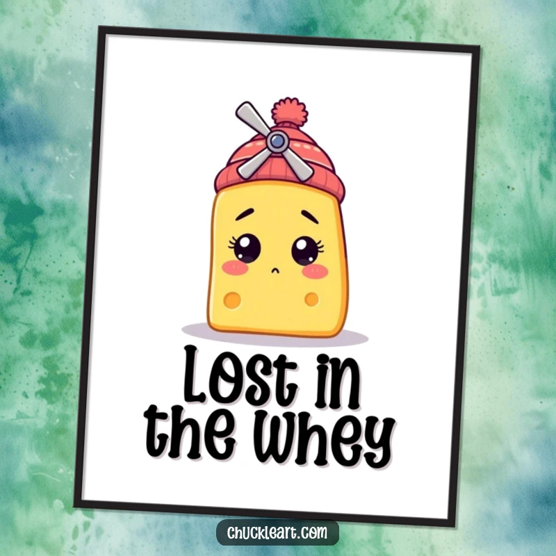 Funny poster showcasing a bewildered cheese slice character wearing a small propeller beanie, a wonderfully whimsical and humorous piece of art.