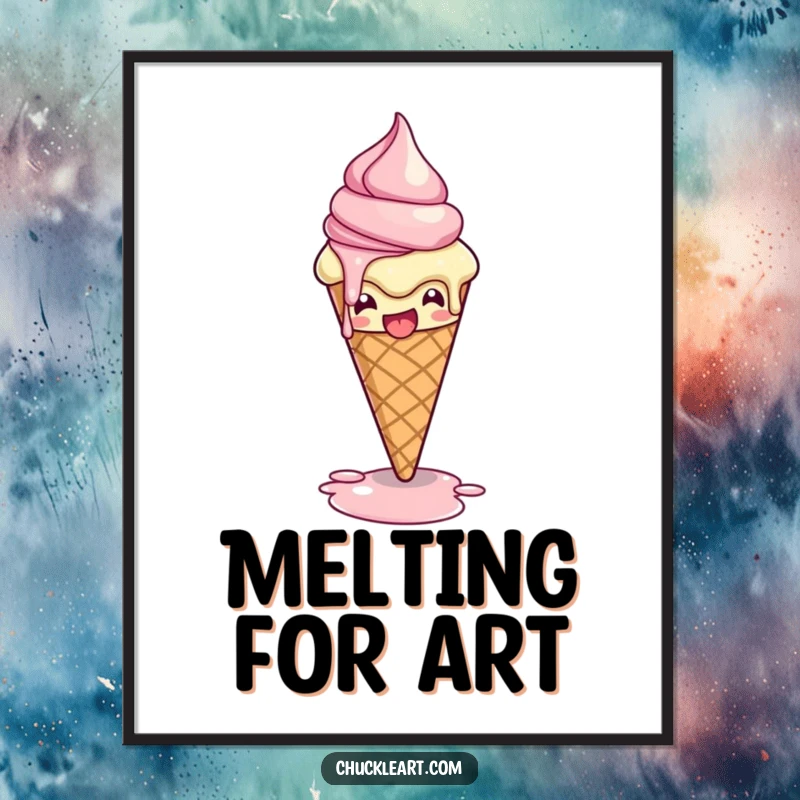 Funny poster artwork of a melting ice cream cone striking a dramatic pose as it drips, offering a humorous and artistic dessert-themed visual.