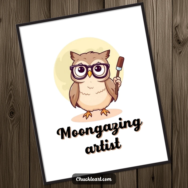 Funny poster of a confused owl wearing glasses, diligently painting a smiley face on the moon, perfect for adding artistic humor.